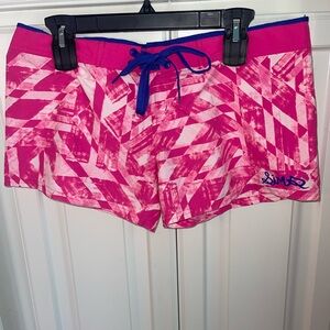 Women’s Pink Geometric Swim Shorts with Blue Drawstring